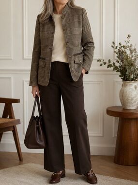 L.L. Bean Womens Wool Blend Plaid Tweed Jacket Small Brown Elbow Patch Preppy